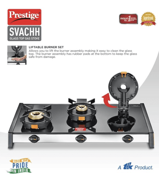 Prestige Svachh GTSV-03 Easy Clean Glass-Top 3 Brass Burner LPG Gas Table | Black | Liftable Burner Set | Sturdy Pan Support | Ergonomic Knob Design | Rubber Bottom Pads - Image 2